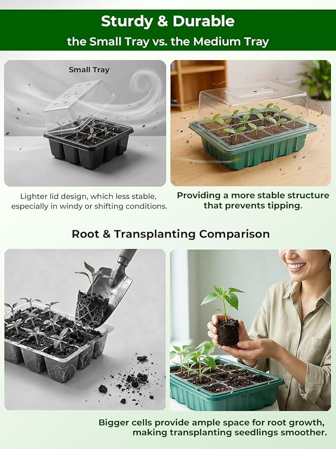Seed Starter Tray 3 Pack with Heating Mat & 24 Full Spectrum LEDs Grow Light – Auto Cycle Timer, Humidity Dome Ventilation Cover, Drainage Holes, Includes Gardening Tools – Green Version