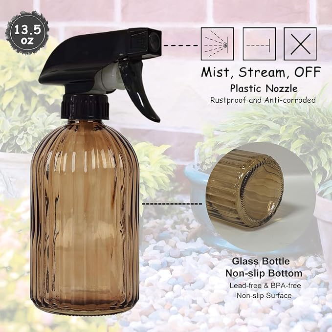 YYTSGG Glass Plant Mister Bottle, 13.5oz Refillable Water Spray Bottle with Adjustable Mist Nozzle for Indoor Flowers, Outdoor Gardening, Cleaning, Hair and Pets Care (Brown)
