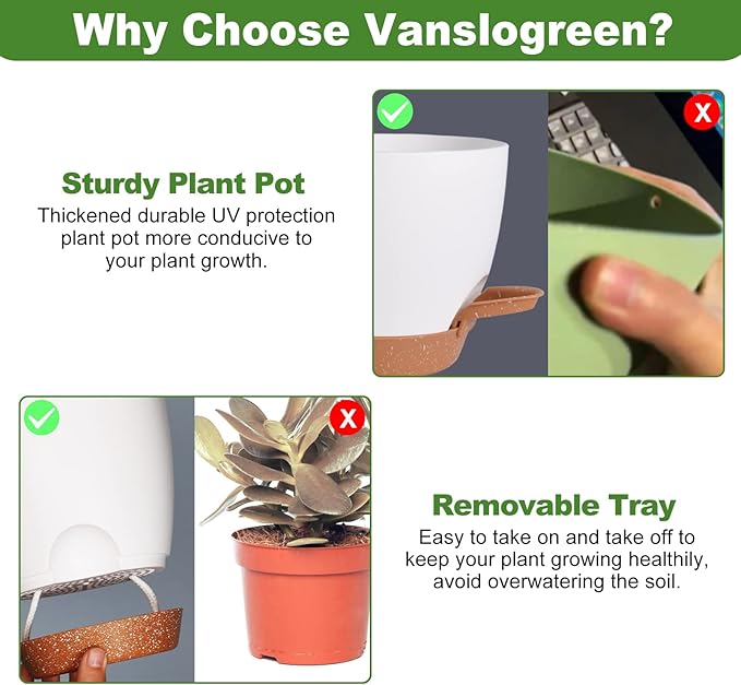 Vanslogreen Flower Pots, 8/7/6.5/6/5.5/5 Inch Self Watering Planters for Indoor Outdoor Plants with Drainage Hole, Plastic Planters for House Plants(White)