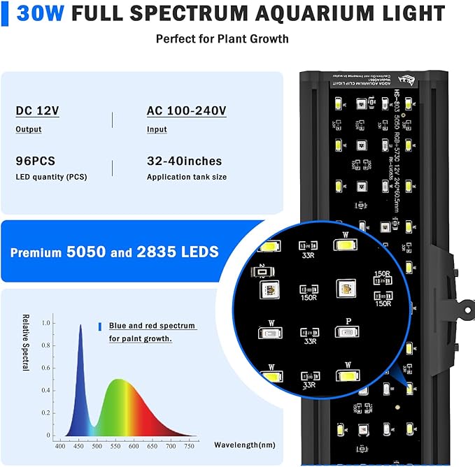 AQQA LED Aquarium Light, 24/7 Mode Clip on Fish Tank Light with Memory Function, DIY Mode Full Spectrum Aquarium Plant Light, Adjustable Timer/Brightness, IP68 Waterproof for 32-40 Inch Fish Tank 30W