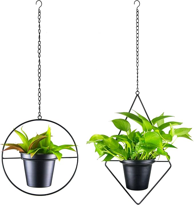 Modern Metal Hanging Planters Set of 2 - Round and Diamond Geometric Plant Hangers with 5 Inch Pots - Black Wall and Ceiling Mount Flower Holders for Indoor Houseplants, Boho Home Décor