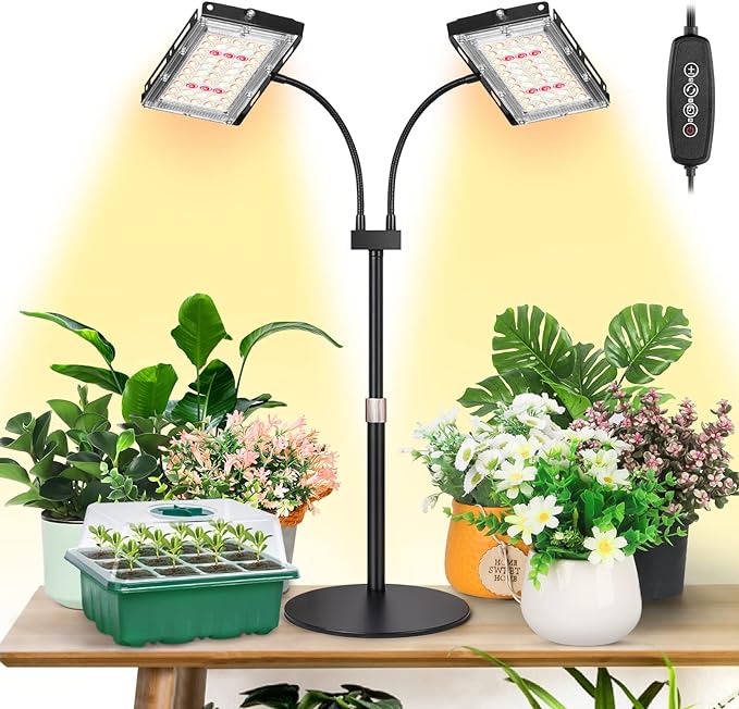 LBW Grow Light for Indoor Plant,Full Spectrum Dual Heads Desk Plant Light,Grow Lamp with 3H/6H/12H Timer,6-Level Brightness,3 Lighting Mode,Height Adjustable,Flexible Gooseneck,Ideal for Indoor Growth