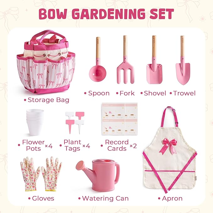 ROBUD Kids Gardening Set 18 PCS Bow Theme Garden Tools for Kids with Storage Bag, Apron, Waterproof Gloves, and Planting Cards – Educational Outdoor STEM Gardening Toy Gift for Girls and Toddlers