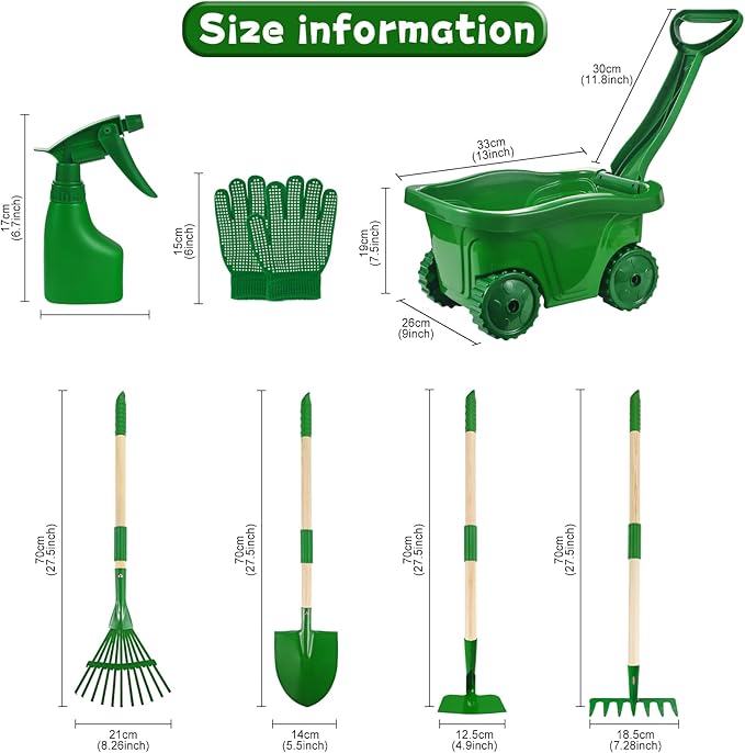 Duckura Kids Gardening Tools Set - 7pcs Wheelbarrow Set for Kids with Shovel, Rake, Leaf Rake, Summer Outdoor Yard Digging Weed Birthday Gifts Toys, Easter for Boys Girls Age 2 3+ Years(Green)