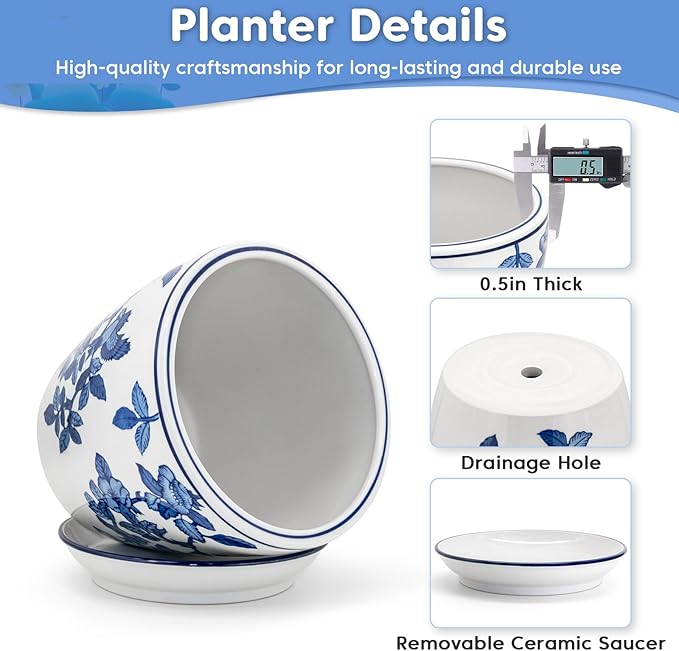 HakkaGirl 8 inch Ceramic Flower Pots, Chinoiserie Decor Ceramic Planter Plant Pots for Indoor Plants with Drainage and Saucer, Blue and White