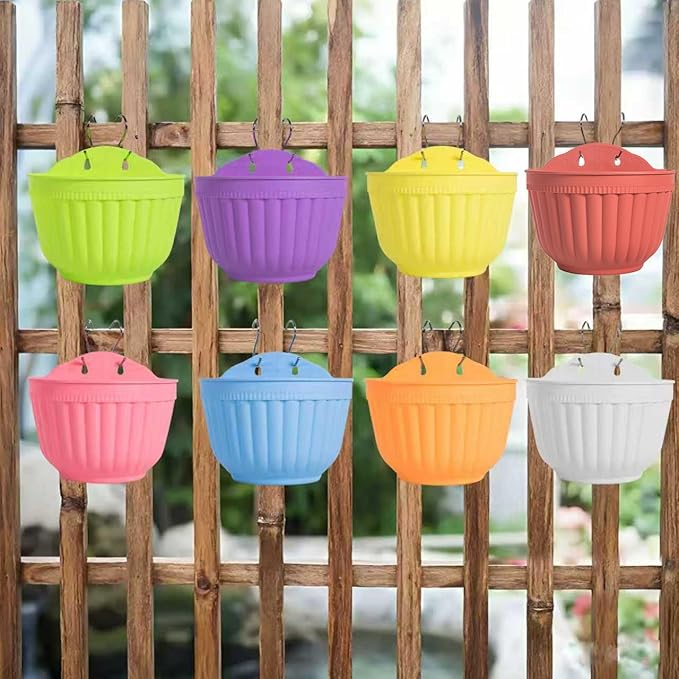 ORIMERC 8 Pack Colorful Wall Hanging Planters for Indoor Outdoor Plants, Wall Hanging Plant Holder with Drainage Hole, Balcony planters Railing Hanging Pot, Plant Wall Mount Decor with Hooks/Screws