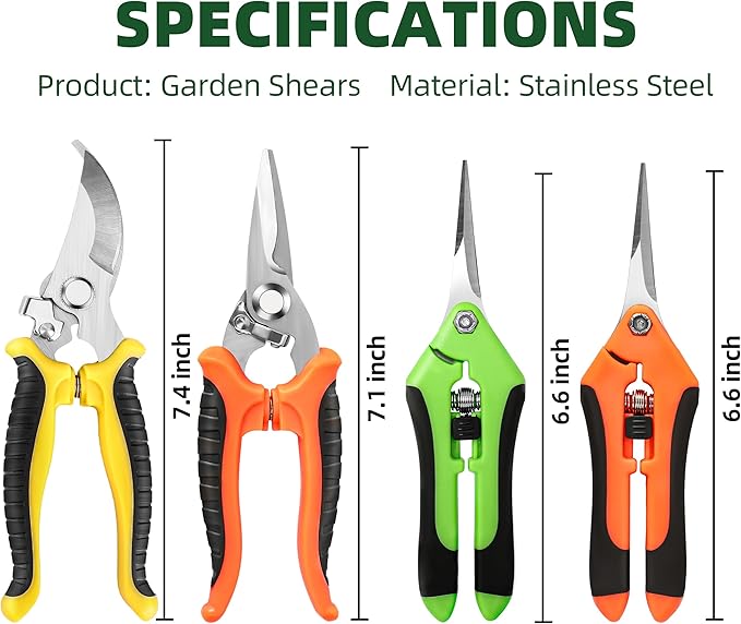 EWPJDK 4 Pack Garden Pruning Shears, Stainless Steel Garden Shears, Gardening Shears, Garden Scissors, Clippers, Pruning Snips, Pruning Shears for Gardening Tools (4PCS Yellow Orange Green)