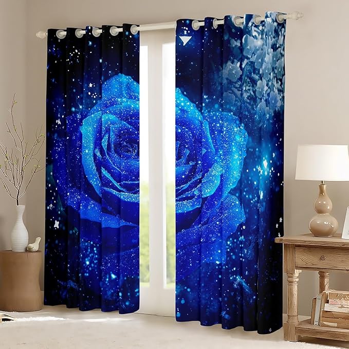Feelyou Galaxy Blue Rose Window Drapes Romantic Rose Floral Curtains for Women Girls Valentine's Day Blackout Curtain Modern Luxury Window Treatments 52W X 63L,2 Panels
