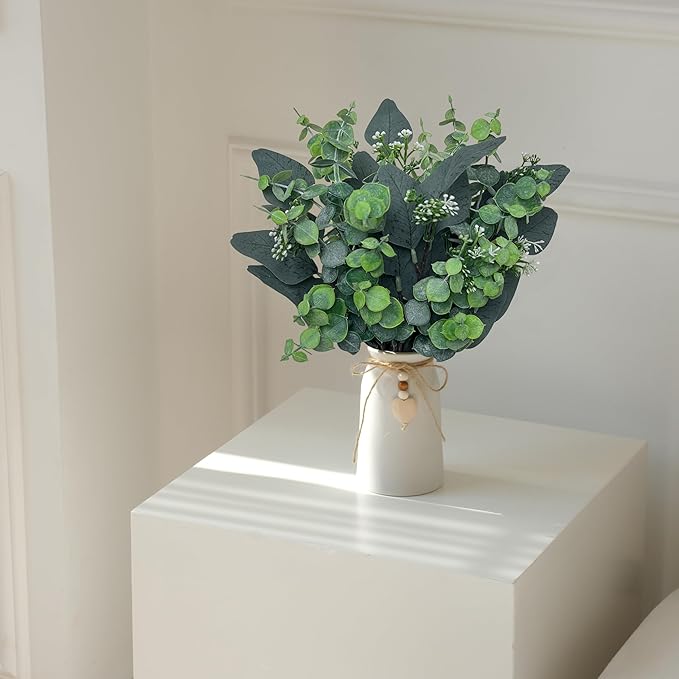 Artificial Silver Dollar Eucalyptus Stems in Vase, Rustic Farmhouse Greenery, Faux Eucalyptus Picks with Baby Eucalyptus & Wooden Heart for Home Décor, Weddings, Bouquets, and Table Centerpieces