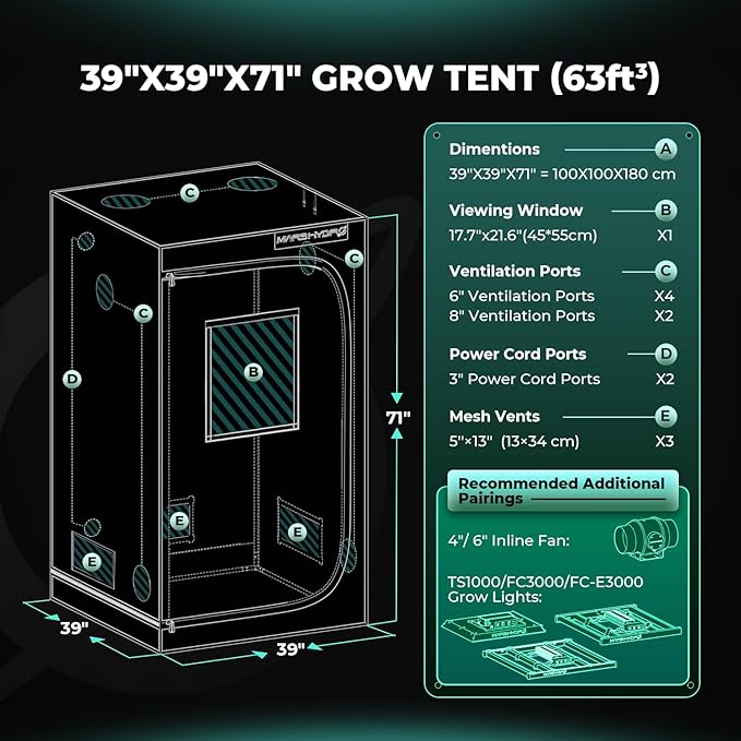 MARS HYDRO 3.3x3.3 Grow Tent Pro, 39"x39"x71" 2000D Thickened Polyester Canvas & High Reflective Mylar, Larger Observation Window, Controller & Socket Hanger,for TS1000/FC3000 Indoor Plant Growing
