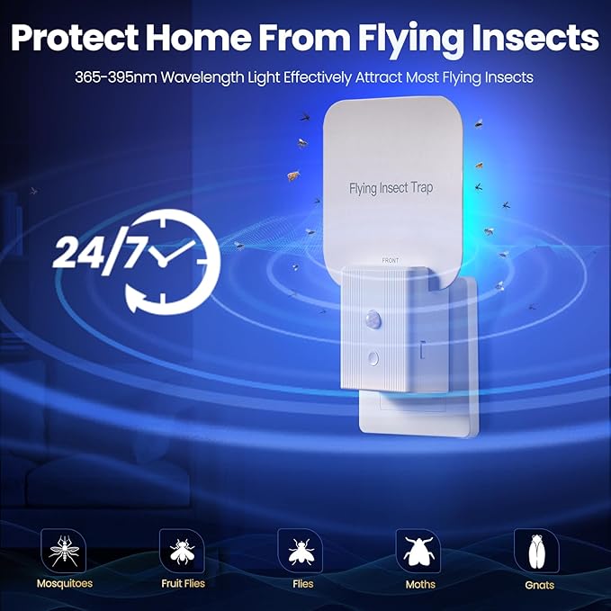 Fruit Fly Traps for Indoors, Plug in Flying Insect Trap with Auto Night Light, Bug Catcher Indoor, Fly Trap Indoor for Fruit Flies, Gnats, Mosquito, Moths (1 Device + 5 Glue Cards)