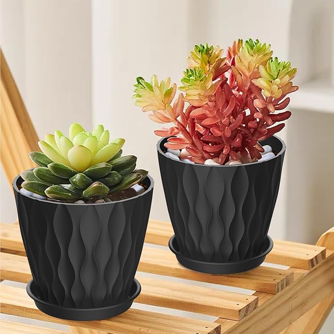 UOUZ 4 Inch Small Pots for Plants, 6 Pack Waffle Texture Small Plant Pots for Succulents, Plastic Planter with Drainage Holes and Saucers for Indoor Outdoor Plants, Flowers, Herbs, Seedlings,Black