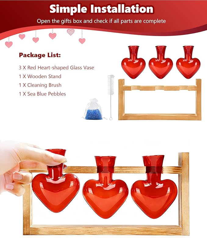 Nacome Plant Terrarium Propagation Stations: Mothers Day Gifts for Mom Plant Lovers Women Wife Daughter - 3 Bulb Glass Vase with Wooden Stand Tabletop for Hydroponics Garden Home Wall Decor(Red)