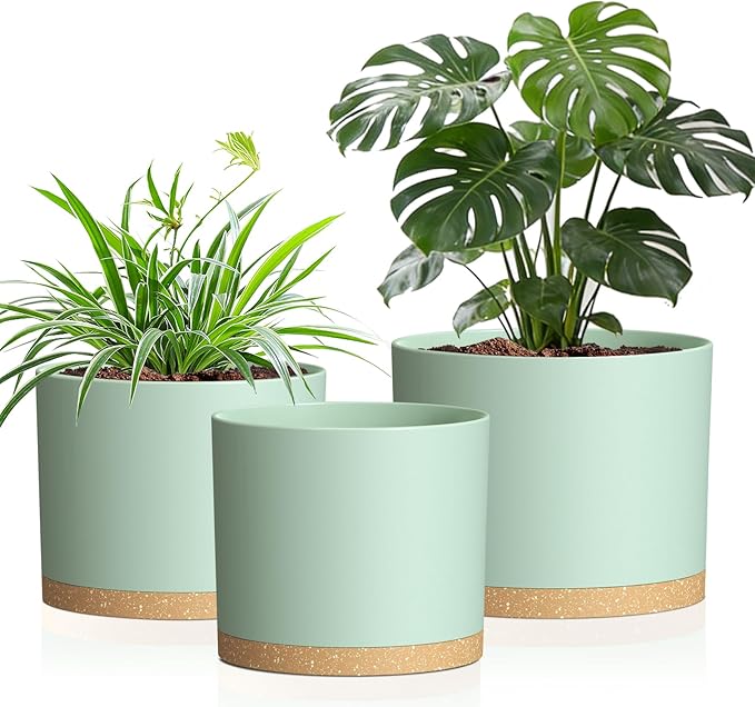10/9/8 Inch Large Plant Pots with Drainage Holes and Trays, 3 Pack Modern Minimalist Cylinder Planters for Monstera, Snake Plant, Indoor Outdoor (Matte Green & Brown)