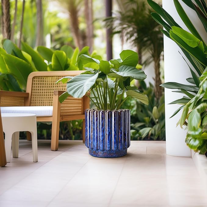 Ceramicfor 12 Inch Pots for Plants - Ceramic Planter Indoor Outdoor, Large Ceramic Flower Pots with Drainage Hole, Fluted Modern Round Planter, Living Room Home Decor, Gifts for Plant Lovers, Blue