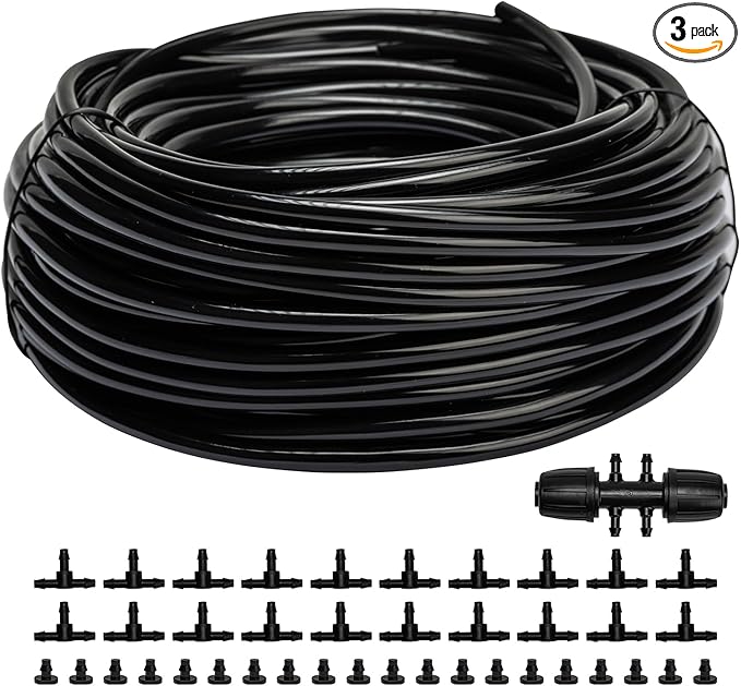 Maotong 100FT 1/4 inch Drip Irrigation Tubing Distribution Hose Tube for Garden Irrigation System (Includes 1 pack 6-Way Connector and 20pcs 1/4" Tee Splitters and End Plugs)