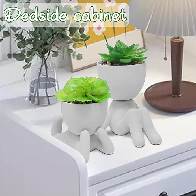 Zerzsy 2PCS Cute Artificial Succulent Plants with Creative Human Shaped Pots, Desk Decoration for Home and Office Decor (Cement Gray)