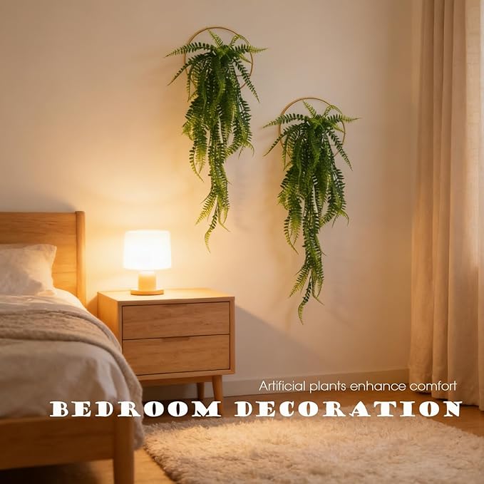 GREENTIME 2 Pack Artificial Boston Fern 28" Fake Hanging Plants with 8" Round Metal Hanging Planter for Indoor Wall Decor Living Room Boho UV Resistant No Maintenance Office Decoration Outdoor