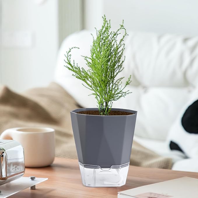 6 Pack Self Watering Planter Pots, 5 Inch Plastic Planters with Drainage Holes, Cotton Rope and Clear Reservoirs, Decorative Flower Pots for Indoor Outdoor Plants (Grey)