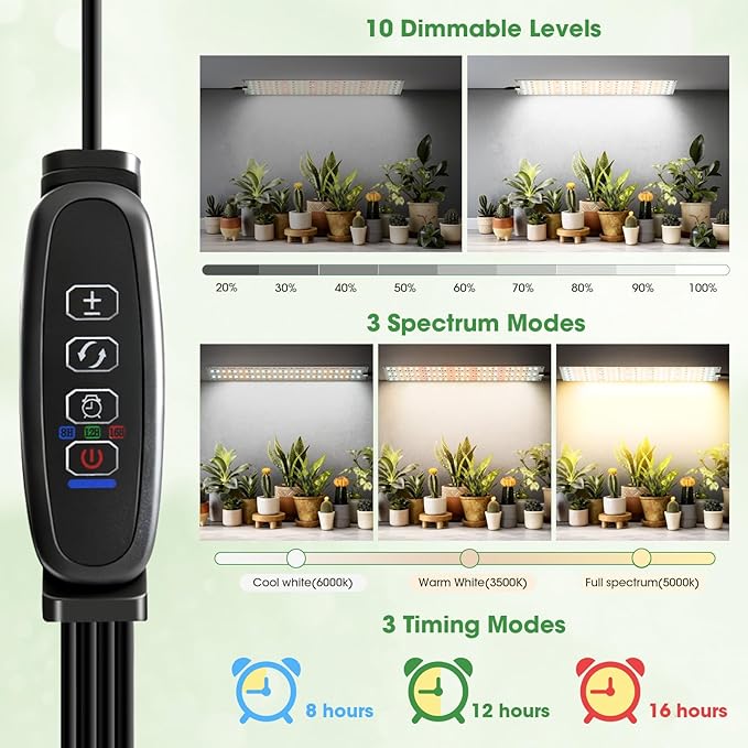 Grow Lights for Indoor Plants, Ultra-Thin Panel, 540LEDs Full Spectrum, 8/12/16H Timer, 10 Dimmable Levels Plant Lights for Indoor Growing