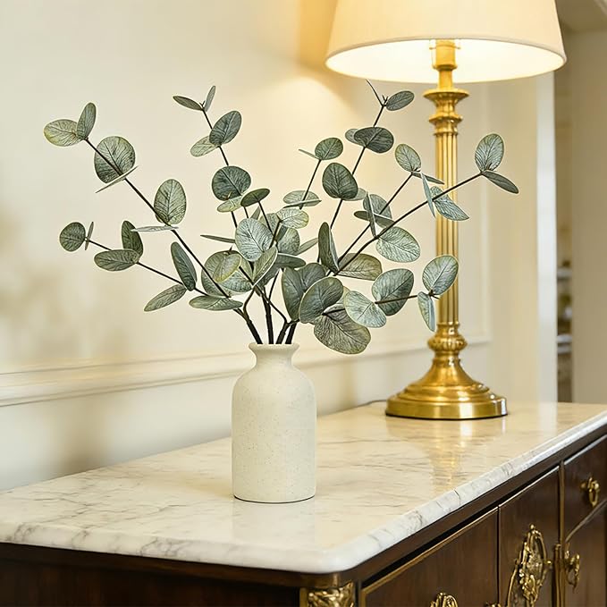4PCS Artificial Eucalyptus Stems in Ceramic Pot, 15" Fake Plant Green Artificial Plant Indoor Faux Greenery Eucalyptus Bathroom Decor for House Office Desk