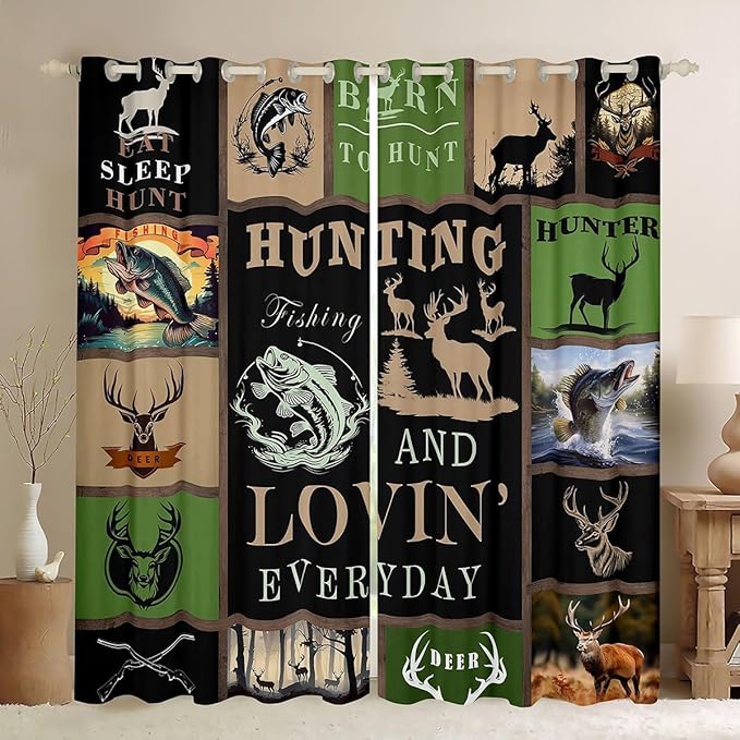 Feelyou Big Pike Fish Window Drapes Deer Curtains for Kids Teens Boys Hunt Blackout Curtain Antlers Fishing Rod Window Treatments 38W X 54L, 2 Panels