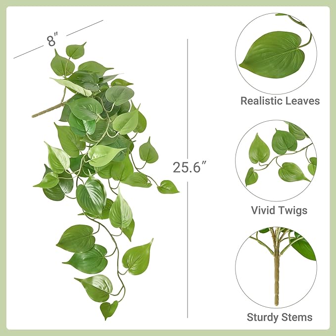 Mkono Fake Hanging Plants, 2pcs Artificial Plants for Home Decor Indoor Fake Vines Greenery for Bedroom Wall Living Room Bathroom Kitchen Office Christmas Decor, Pothos(No Flowerpot)