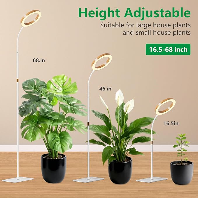 SDOVUERC Full Spectrum Grow Light with Stand for Indoor Plants, Floor Plant Light, 6/12/18H Timer, 3 Color Modes, Adjustable Height 16.5–68in, for Large Plants & Home Décor(1 Head,Faux Wood Grain)