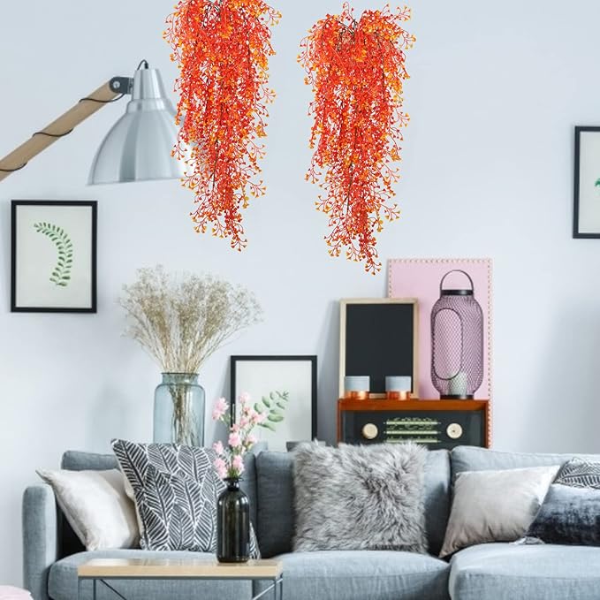 RECUTMS Fall Faux Hanging Plants 4 Pcs Artificial Fall Plants Large Faux Hanging Plant Autumn Fall Hanging Vines Wall Plants Thanksgiving Home Garden Wedding Party Indoor Outdoor Decor(Orange 4P)