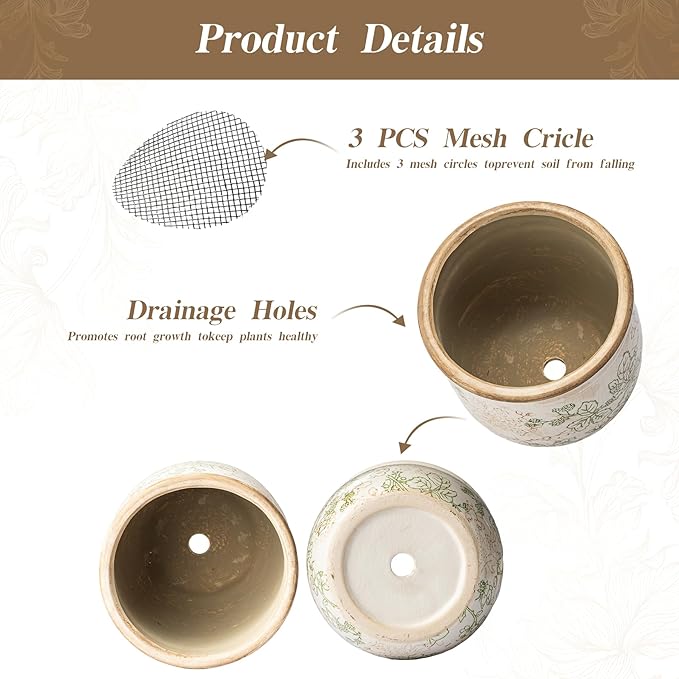 Set of 2 Ceramic Planters for Indoor Plants, 4.7+5.7 Inch Vintage Pots without Drainage Hole , Pastoral Rustic Planter Set, Decorative Ceramic Plant Pots for Flower, Indoor Planter Pots for Home Decor