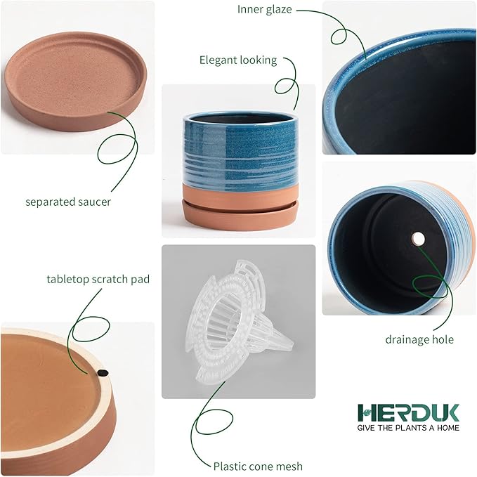 HERDUK 6 + 8 Inch Plant Pots, Ceramic Planter Pot with Drainage Hole & Saucer, Indoor/Outdoor Cylinder Round Planter Pot, Aqua Blue & Terracotta
