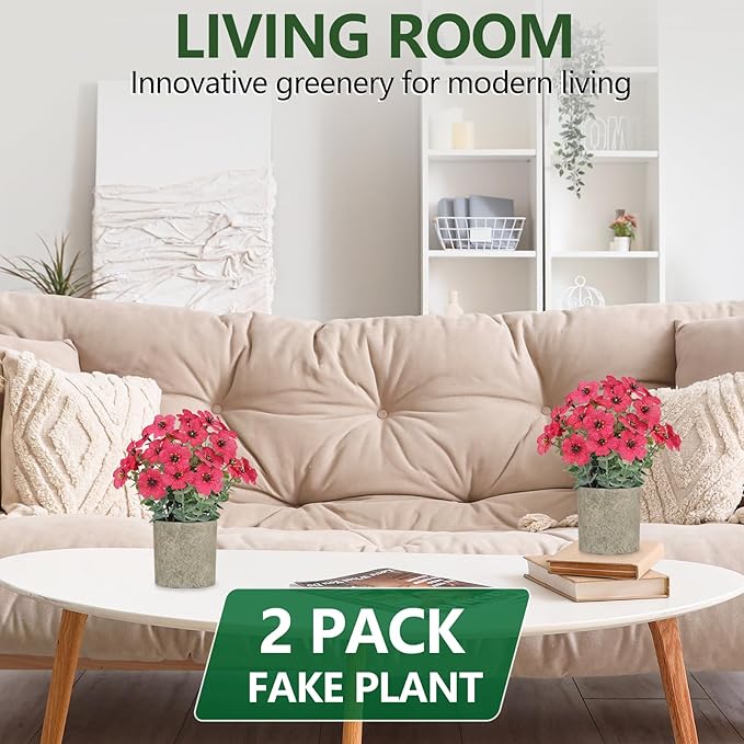 2 Pack Small Fake Plants Potted Artificial Plants Artificial Flowers Potted Faux Flower Daisy with Eucalyptus Leaves for Home Decor Office Room Farmhouse Indoor Table Bathroom Decor（Magenta）