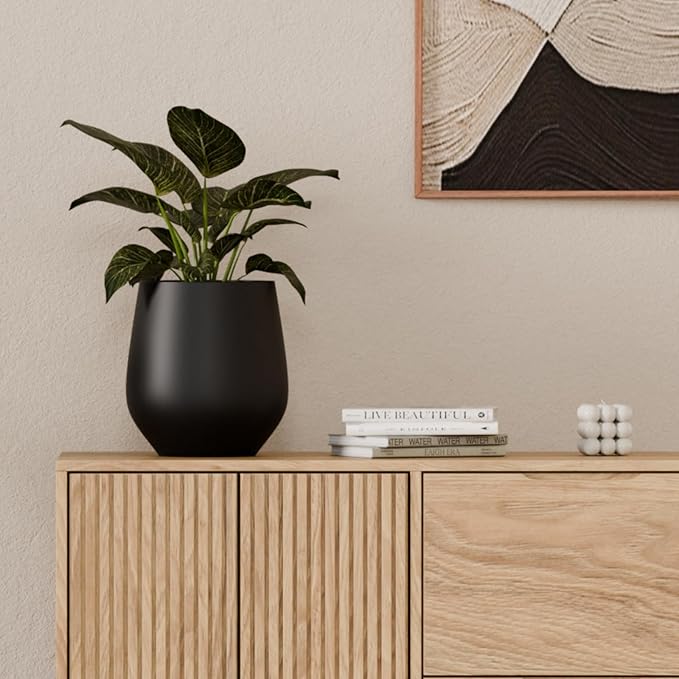 KUTE NEST 16.5" H x 15" D Premium Corso Fiberstone Round Tapered Planter with Drainage Hole, Weather Resistant for Indoor & Outdoor Use, Included 2 Extra Coco Mats (Black, 11.5" Pot Opening)
