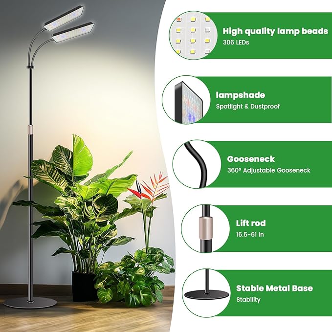 Wiaxulay Grow Light with Stand, Full Spectrum Floor Plant Lights for Indoor Growing, Height Adjustable 24-68, Ideal for Growing Large Plants, 4/8/12/16H Timer,3 Lighting Modes,306 LED (2 Heads)