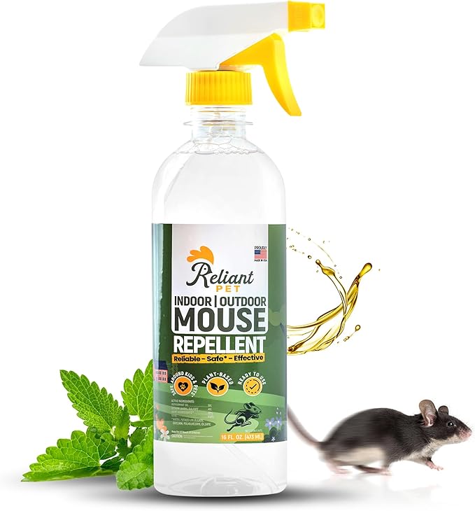 Reliant Pet Peppermint Oil Mouse Repellent Spray - 16oz - Natural Mice Deterrent for Indoor & Outdoor Use - Pest Control for Home, Car Engines, RV - Pet Safe Pest Control - Made in USA