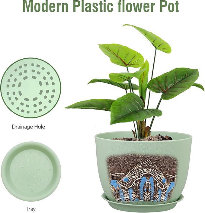 Meowell 12 inch Big Plant Pots, Plastic Planters with Drainage Holes and Trays, Flower Pots for Indoor Outdoor Plants, Modern Decorative Pots for Garden House Plants, Green