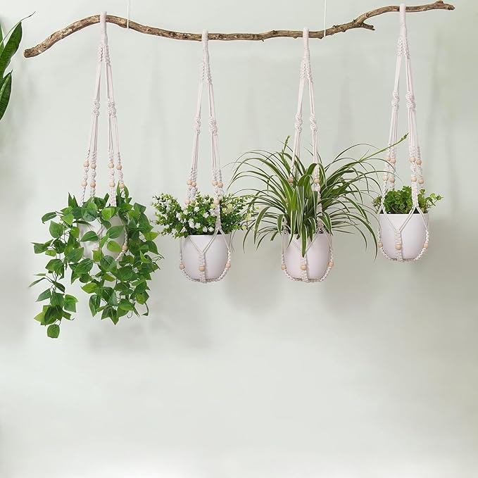 LEWESU Macrame Plant Hanger Indoor Set of 4 with 8 Hooks, Indoor Outdoor Hanging Planter for Plants Holder with Decorative Wood Beads & No Tassels, Boho Home Decor, 35 Inch Ivory (Pots Not Included)