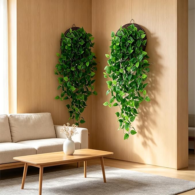 Delphinus Fake Hanging Plants, 2pcs Artificial Hanging Plant, Faux Vine Plants Indoor and Outdoor for Office Home Living Room Bathroom Wall Shelf Decor