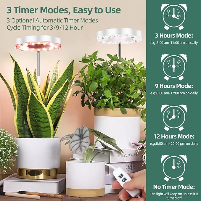 CFGROW Grow Light Full Spectrum Plant Light for Indoor Plants, Height Adjustable Growing Lamp with Auto On/Off Timer 3/9/12H, 10 Dimmable Levels, 3 Light Modes Small Plant Grow Light