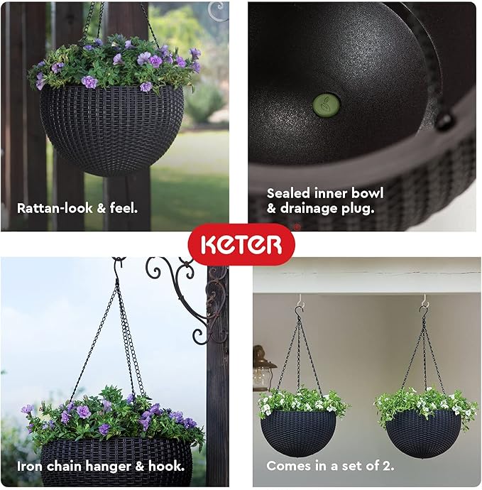 Keter Resin Rattan Set of 2 Round Hanging Planter Baskets for Indoor and Outdoor Plants-Perfect for Porches and Patio Decor, Graphite