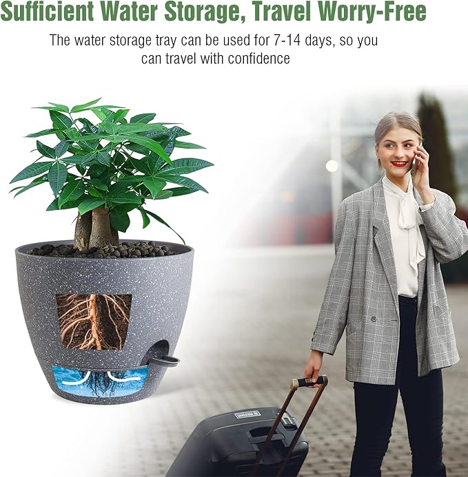 UOUZ 12 inch Large Self Watering Pots, Plastic Planters with 60oZ Removable Deep Reservoir and Multi Mesh Drainage Holes for Indoor Outdoor Garden Plants and Flowers, Grey Speckles