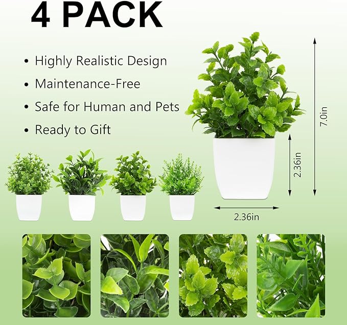 4 Pack Small Fake Plants Mini Artificial Plants Potted Desk Plant for Table Desk Bathroom Shelf Home Kitchen Office Decor