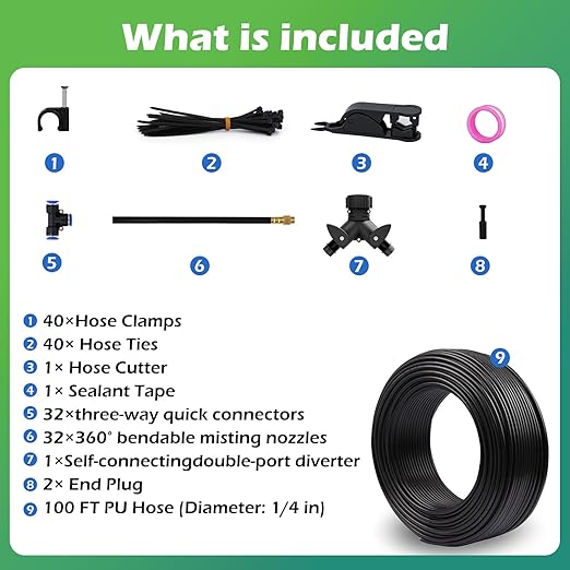 Drip Irrigation System 100 FT with 32 Nozzles, 360° Adjustable Bendable Garden Watering Misting System for Greenhouse, Yard, Lawn, Plant, Garden, 1/4 inch Hose