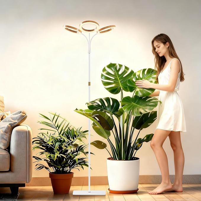 SDOVUERC Full Spectrum Grow Light with Stand for Indoor Plants, Floor Plant Light, 6/12/18H Timer, 3 Color Modes, Adjustable Height 16.5–68in, for Large Plants & Home Décor(Tri-Head,Faux Wood Grain)