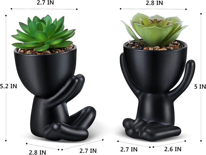 Fake Succulent, Mini Succulents Plants Artificial in Black Modern Human Shaped Ceramic Pots Desk Decor Desk Plant for Office Decor for Women, Cute Fake Plants Bathroom Decor 2PCS