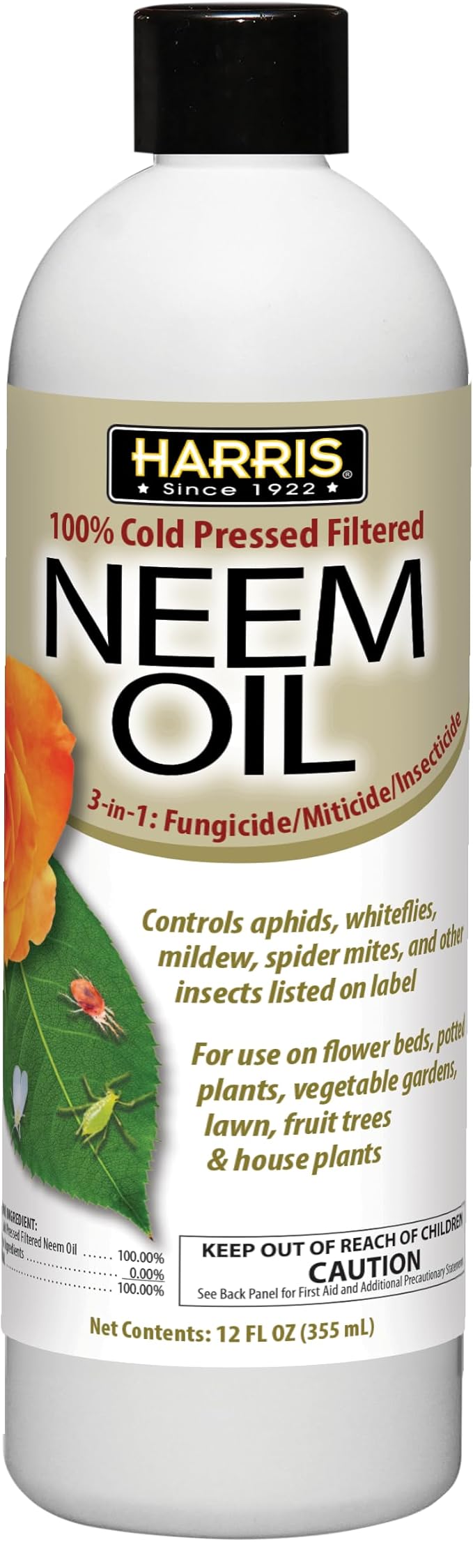 Harris Concentrated Neem Oil 100% Cold Pressed Filtered Oil Insecticide/Miticide/Fungicide, 12 oz Concentrate