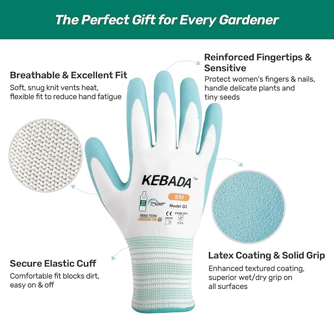 Kebada Gardening Gloves for Women, 6 Pairs Latex Coated Women Yard Work Gloves, High Visibility, Medium, Aqua & Red