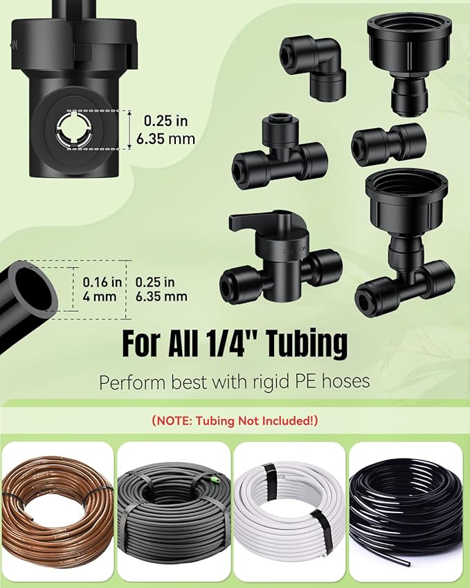 Pawfly 44 Pcs Quick Connect Drip Irrigation Fittings Kit for 1/4" Tubing, Push-to-Fit Drip Line Connectors Set with 10 Tees 10 Couplings 10 Elbows 10 End Plugs 2 Shut Off Valves & 2 Faucet Adapters