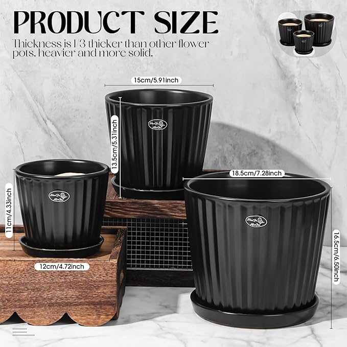 3 Pcs Ceramic Plant Pots 7.3/6/4.7 Inch Ceramic Flower Pot with Drainage Hole and Saucer Decorative Planter Indoor Outdoor for Gardening Home Desktop Office Windowsill Decoration Gift(Black)