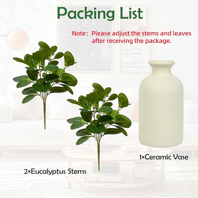 Small Fake Plant in Ceramic Pot, Eucalyptus Potted Artificial Plants Indoor 14" Artificial Greenery UV Resistant Faux Eucalyptus Plant for Bathroom Shelf Office Desk Table Home Decor